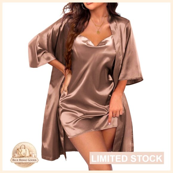 Satin Pajama Set Elegant Minimal Chic Sleepwear Robe Nightgown Lounge Wear